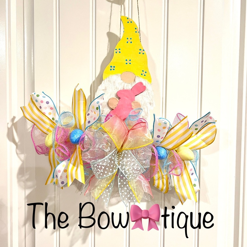 14” Easter Spring Ribbon Bow Wreath Rail Gnome Handmade Yellow Pink Hndmd Gr6